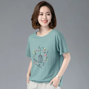 

2020 WOMEN Pure cotton embroidered T-shirt women's short-sleeved shirt summer new fat MM loose large size women's foreign