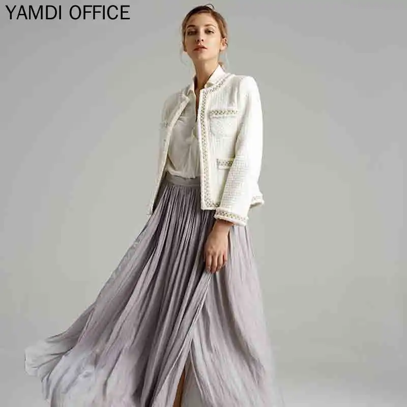 YAMDI новая куртка с показа Женская осенне-зимняя однотонная черно-белая куртка хлопковая верхняя одежда женская элегантная Роскошная Шерстяная Смесь с бисером