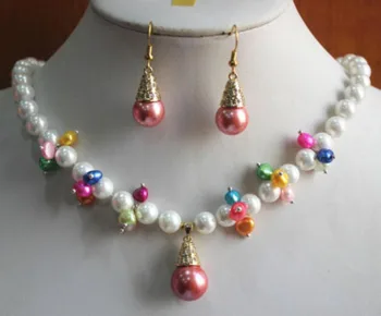

Free shipping Wholesale price + New Design 8mm Mixed Color Pearl Necklace Earring Pendant Jewelry Set