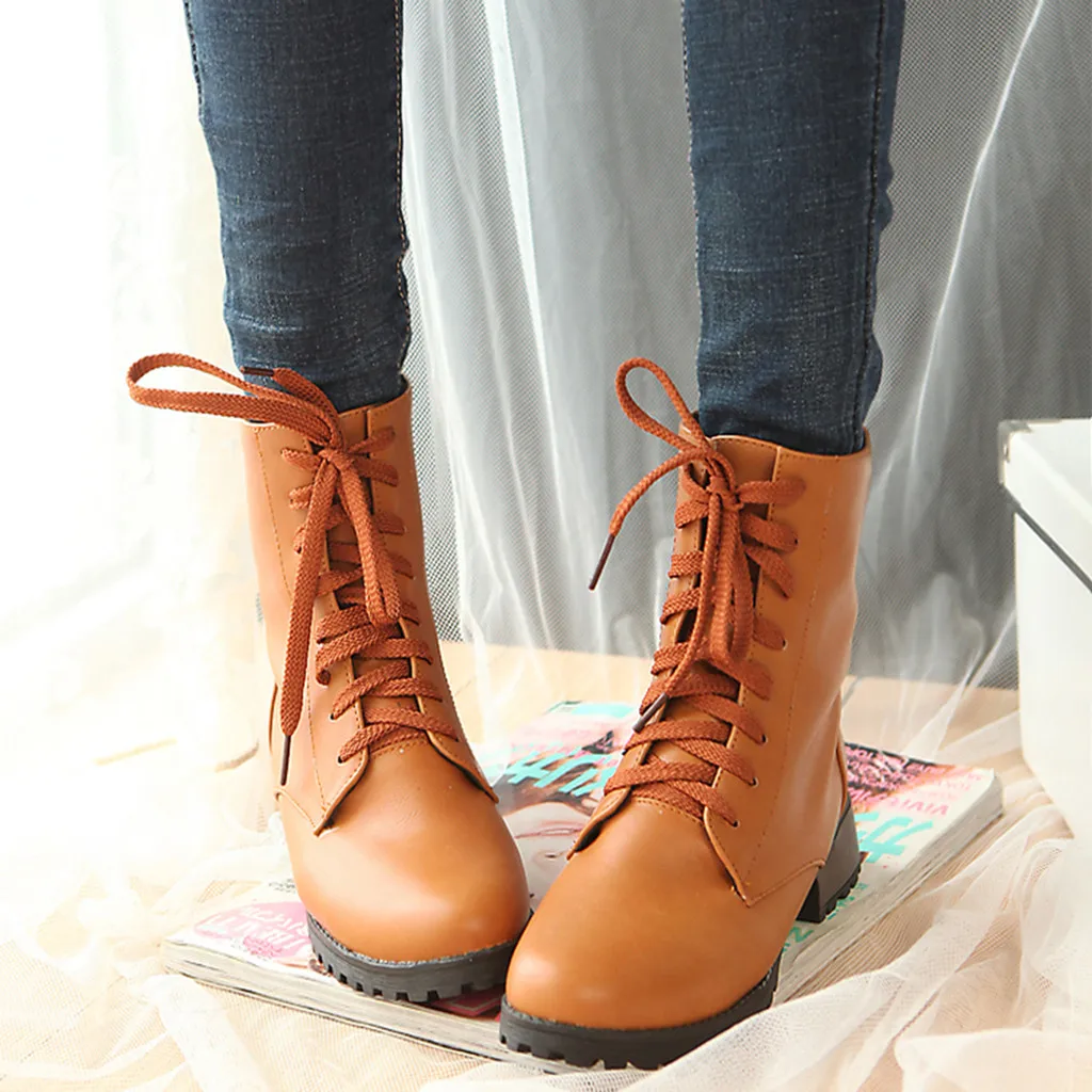 

Casual Cross-Strap Women's Boots Fashion Lace-Up Round Toe Leather Low Heel Winter Shoes Women Ladies' Snow Boots bota feminina