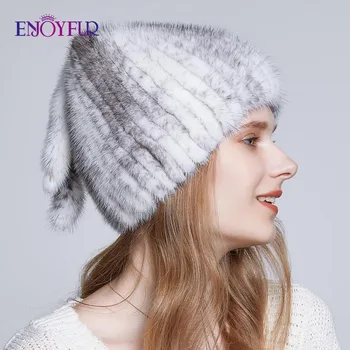 

ENJOYFUR Natural Mink Fur Winter Hats For Women Three Tails Type Fur Hat High Quality Luxury Knitted Caps