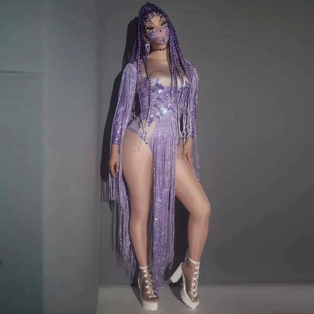 

Rhinestones Sequins Purple Bodysuit gogo Long Sleeve Stretch Leotard Sexy Latin Dance Tassel costume Stage Wear