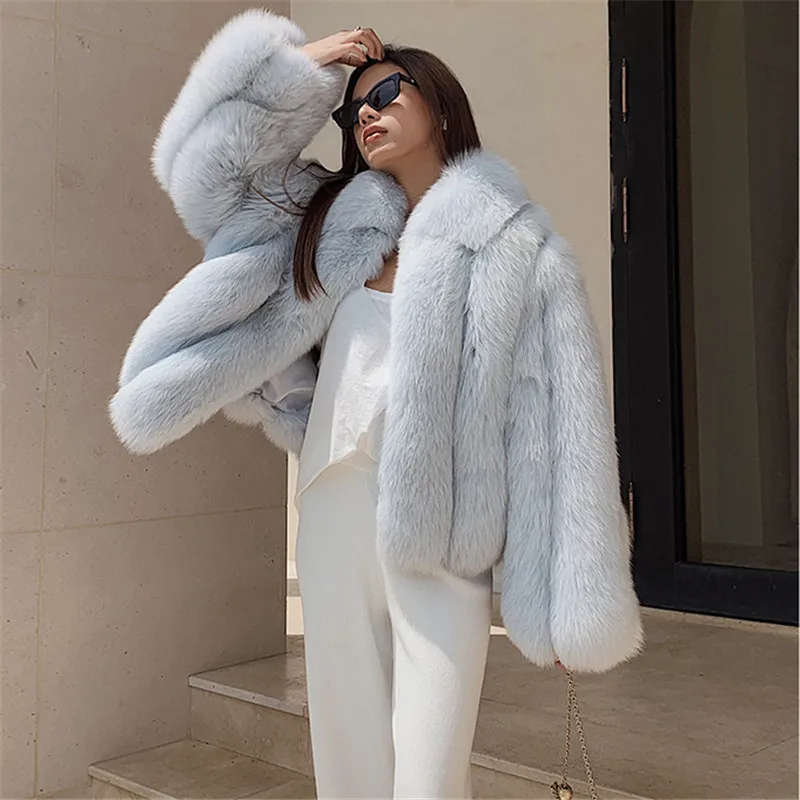 

FURSARCAR 2021 New Fashion Whole Skin Winter Women's Jacket Natural Fox Fur Coat With Collar Sky Blue Color Real Fur Outwear