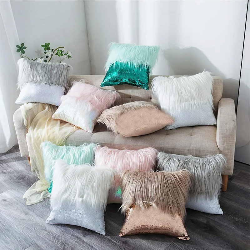 Long Plush Furry Sequins Splicing Cushion Covers White Pink Coffee Gray Blue Glitters Pillowcase 45x45cm Sofa Throw Pillow Cover | Дом и сад