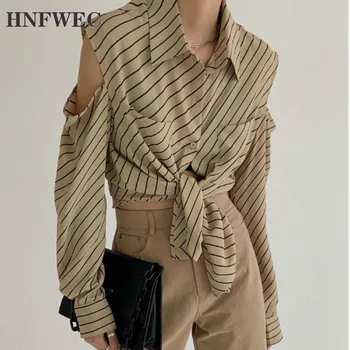 

2020 Summer New Hip Hop Long Sleeve Off Shoulder Striped High Quality Casual Ladies Shirt Korea Loose Womens Tops Blouses T122