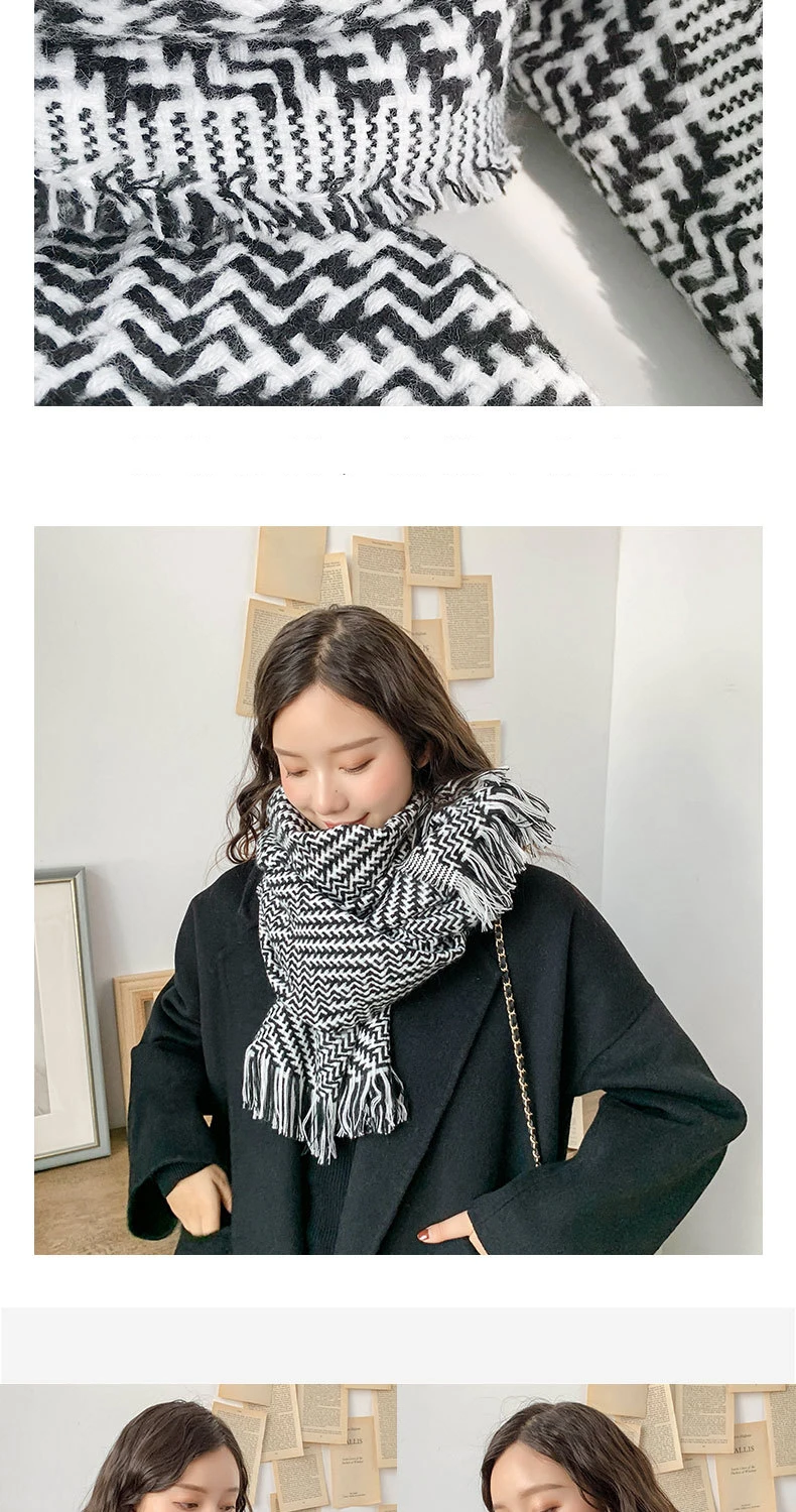USPOP, модные женские шарфы, зимний классический клетчатый шарф, толстый теплый шарф с кисточками, длинный черный, белый цвет, шаль