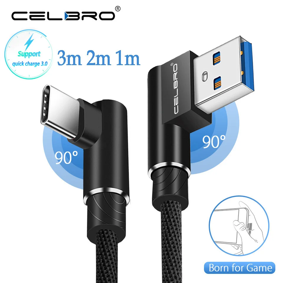 90 Degree USB Type C Cable 3.1 Fast Charging Cable Tipo C 3m 2M for Xiaomi Mi A3 9t 9 Pro Samsung Note 10 A80 A20 A50 A70 M30s