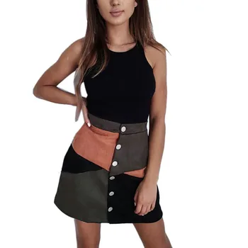

Women Vintage Fashion High Waist Single Breasted Colorblock Suede Short Skirt Ladies Casual Slim A-Line Mini Skirt With Buttons