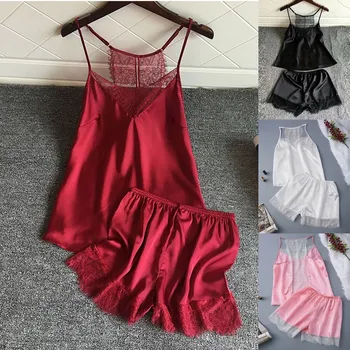 

Pyjamas Women Sleepwear Sexy For Women Stain Lace Silk Lingerie Nightdress Pajamas Camisole Sleepwear пижама женская