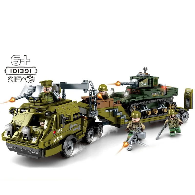 

915Pcs World War 2 US Army heavy trailer Tank Block Set Military WW2 vehicle Model Building Toy for Kids