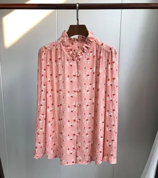 

2019 New Women Pink Blouse Flower Print Long Sleeve Sand Collar Fresh Sweet Shirt Top French