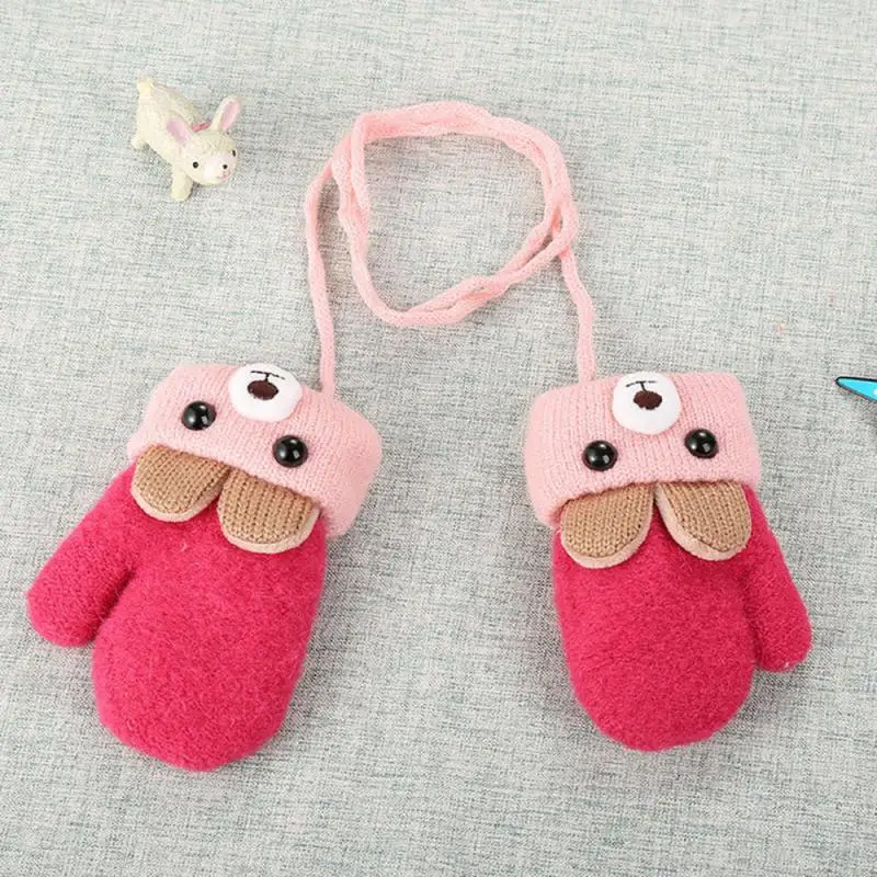 Baby Gloves 0-4 Years Old Cartoon Winter Warm Stretch Knit Mittens Imitation Wool Children's Hanging Neck Gloves Xtmas Gifts