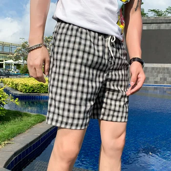 

Short Masculino Summer Boys' Fashion Small Plaid Casual Straight Drawstring Shorts Sports Loose Quarter Pants Bermuda Masculina