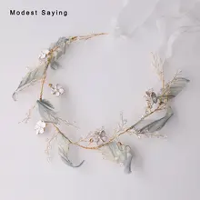 Gold Leaves Wedding Headband Crystal Bridal Headwear with Ribbons Bridal Wreath Ornaments Wedding Accessories Headpiece