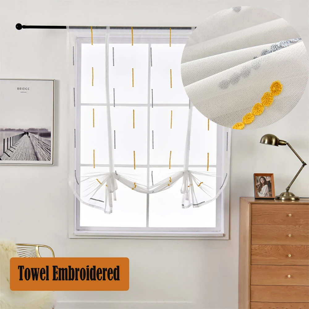 

Short Kitchen Curtains Roman Blinds Geometric Towel Embroidery Tulle Curtains Window Valance Bedroom Decor Sheer Roman Curtains