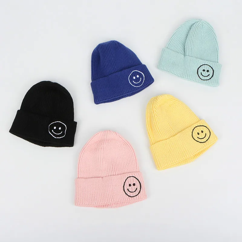 Children Candy Color Hat Winter Kids Knitted Hat Smile Face Solid Cap Ear Flap Beanie Crochet Baby Boys Clothes Girls Warm Hats