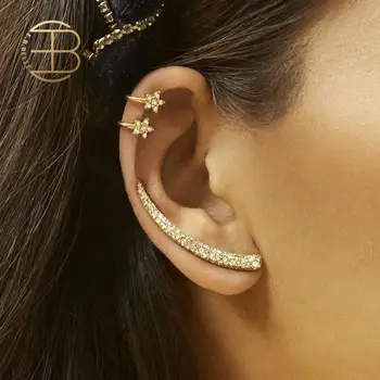 

3pcs/set Rhinestone Flower Ear Cuff Long Ox Horn Shape Stud Earrings For Girl Street Style Women's Crystal Stud Earring Set