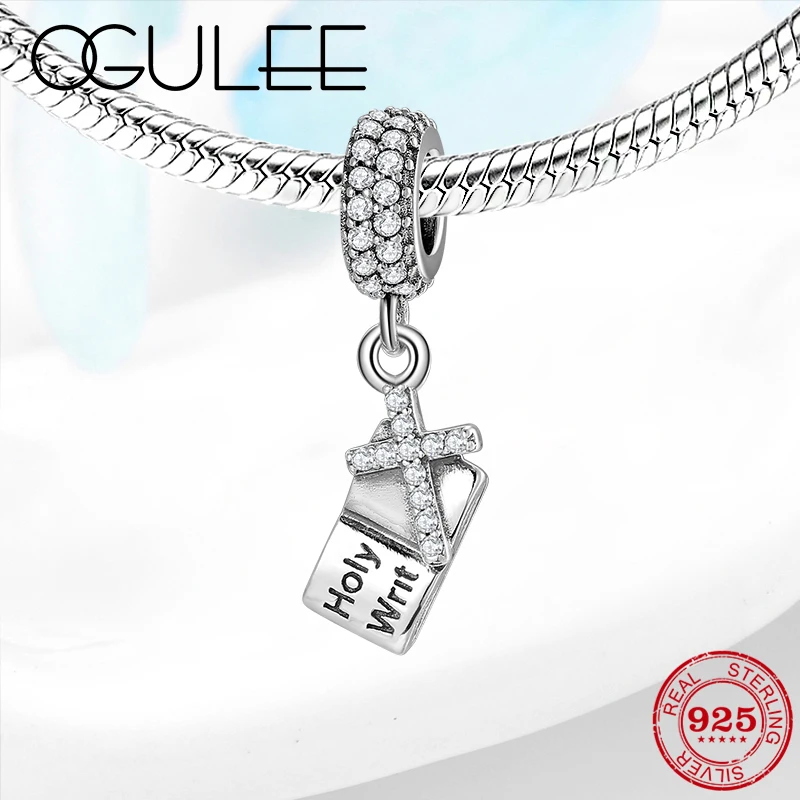

New 925 Sterling Silver Holy Writ Clear CZ Cross Fine Pendant Beads Fit Original Pandora Charm Bracelet Jewelry making