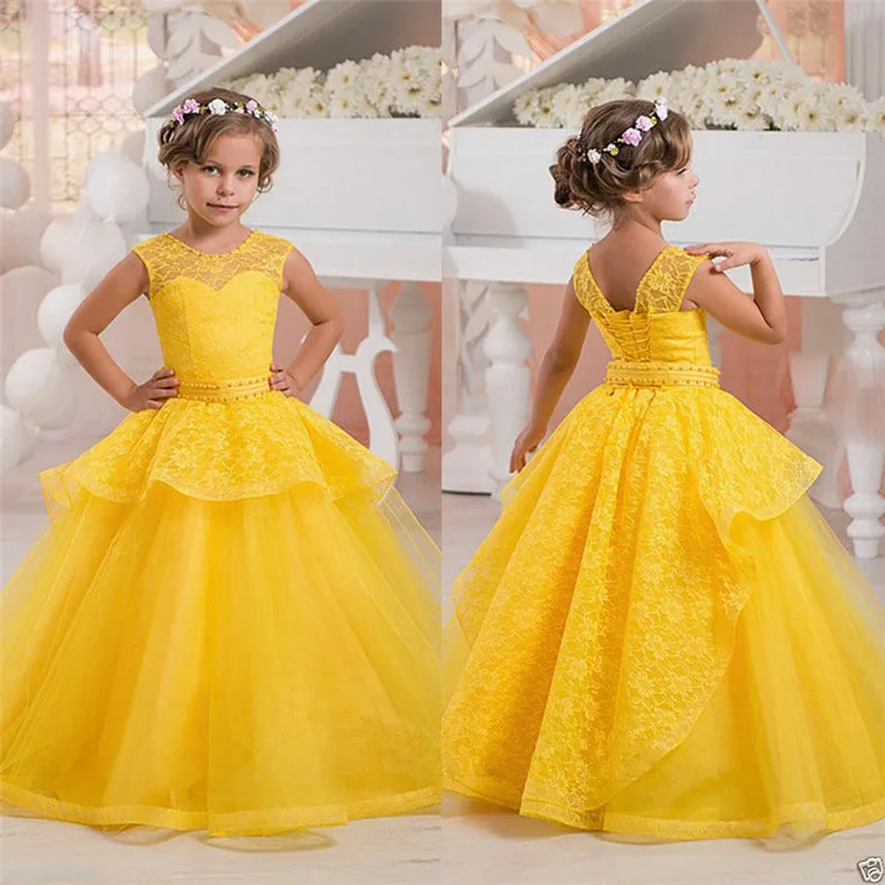 09 (1)Lace applique Flower Girl Dresses sleeveless floor Length Girls Pageant First Communion Wedding Party Dress
