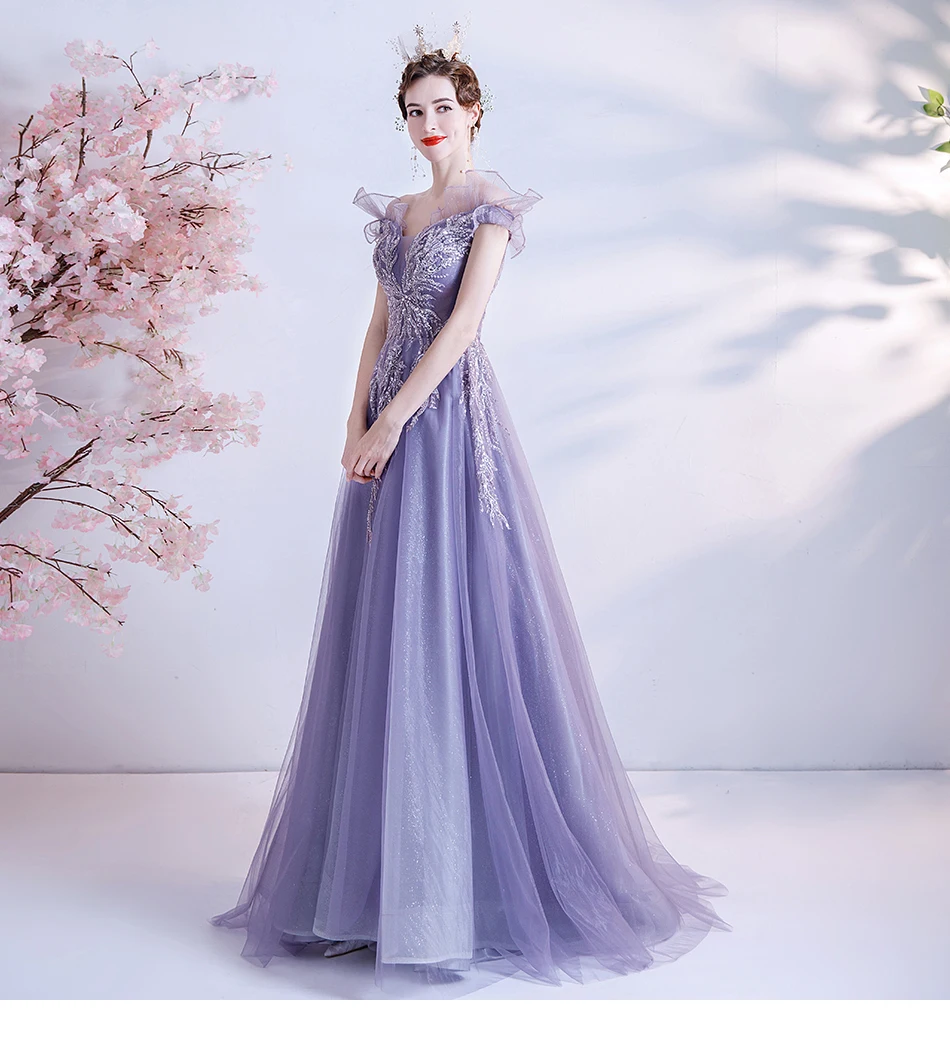 Shining Long purple sweat fairy lady girl women princess prom banquet party performance singing dress gown free ship green prom dress