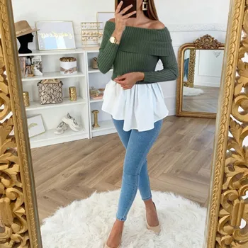 

Autumn Women Solid Color Sweater Slash Neck Lace Patchwork Long Sleeve Slim Casual Soft Sweaters