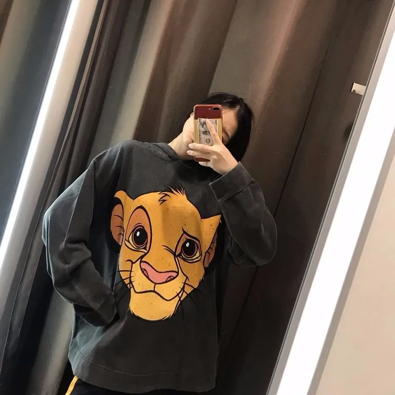 

Fashion Loose Kawaii Hoodies Female Cute Spring Autumn Tops Ladies Casual Lions Cartoon Cute Printed Long Sleeve Tshirt Female