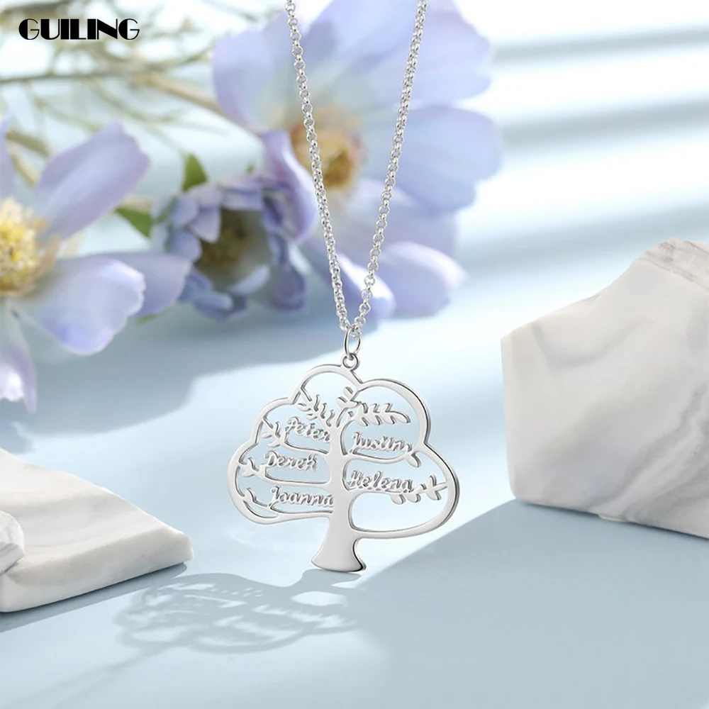 

Dainty Personalized Family Tree of Life Name Heart Pendant Customized Name Necklace Stainless Steel Women Jewelry Gift for Mom