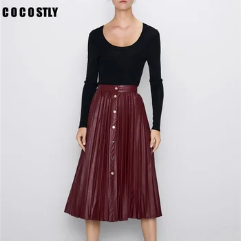 

Elegant high waist long skirt Womens Pleated Skirt Streetwear korean fashion wine red PU leather skirts Winter 2019