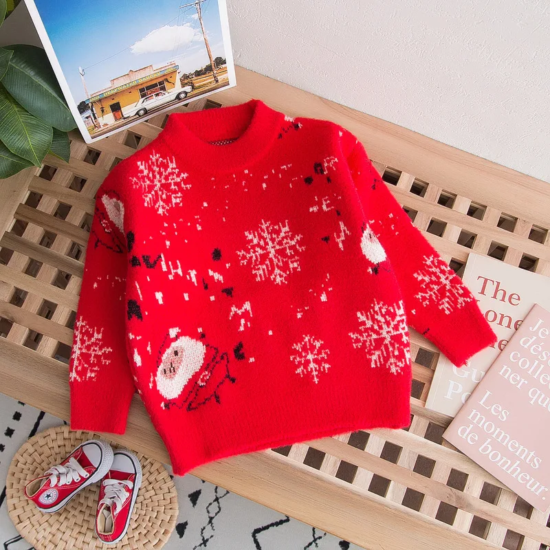 Зимний утепленный свитер для мальчиков и девочек, Рождественский Красный жаккардовый детский пуловер унисекс с круглым вырезом