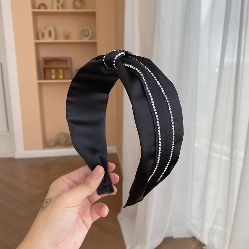 

Black Silk Satin Headband Crystals Women Hair Accessories Face Wash Head Hoop Handmade Solid Hairband Knot Elegant Bow Hair Hoop
