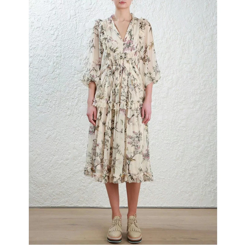 CAMISA цветочным принтом и оборками, с молнией, к платью платья с v-образным вырезом длинными перспективными рукавами элегантное платье для женщин