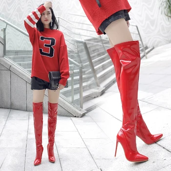 

INS HOT Women over-the-knee boots patent leather thin high heels Side zipper European and American women winter boots fashion
