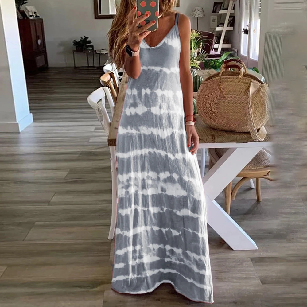 CYSINCOS Summer Women Boho Maxi Dress Tie Dye Print Spaghetti Strap Sleeveless Sun Beach Dresses Robe Female Vestidos Plus Size