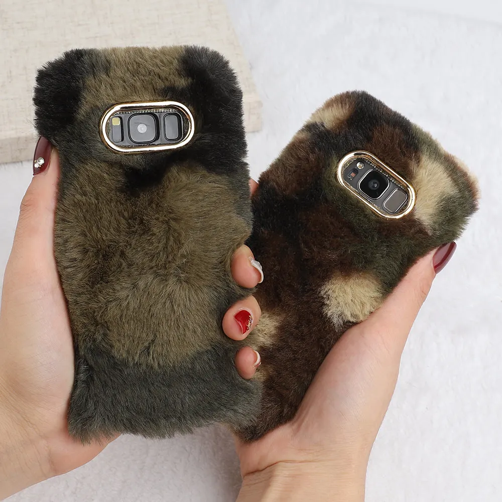 

LAPOPNUT Case for Samsung Galaxy S9 S8 Plus S7 Edge Note8 Note9 Camouflage Bling Shockproof Fake Rabbit Furry Protective Cover