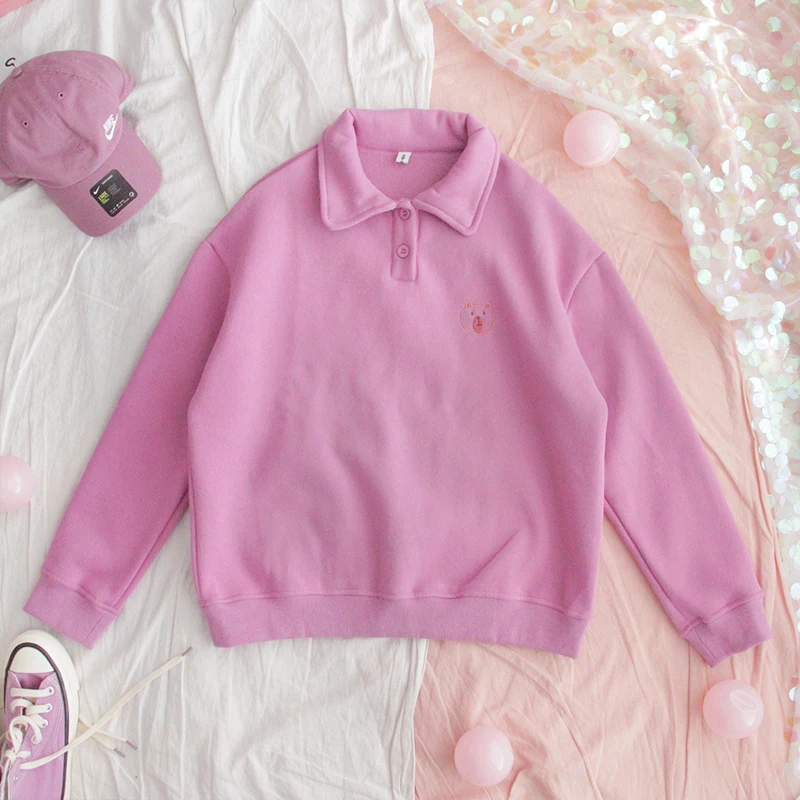 Зимняя бархатная толстовка с капюшоном с отворотом, свитер для молодых девушек, свободный студенческий мягкий пуловер поло с милым медведем, пуловер в студенческом стиле - Цвет: Pink Purple