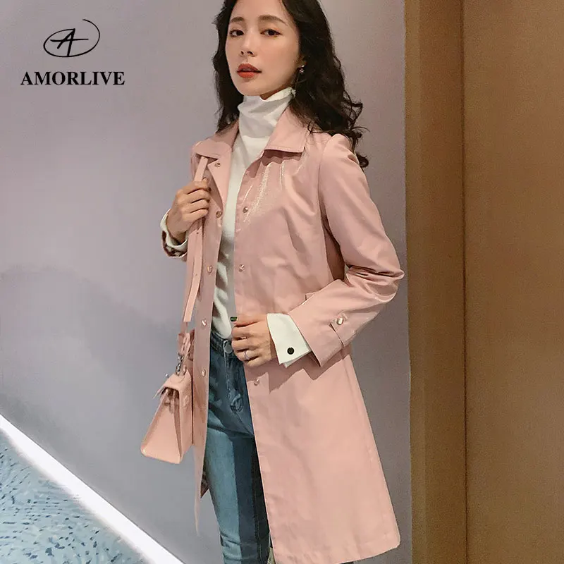 AMOR LIVE Magic Color Bright Silk Cotton Trench Coat With Belt Waterproof Windproof Drawstring Waist Long Female Windbreaker