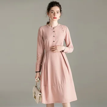 

Dress 2020 Women Spring New Fashion round neck long sleeve lace stitching Single Breasted elegant A Line Dress Female