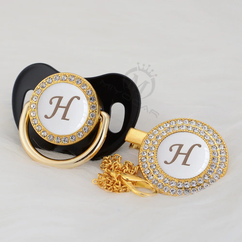 BLING elegant bling pacifier and pacifier clip set name Initials letter H unique BPA free dummy bling unique design LH-W