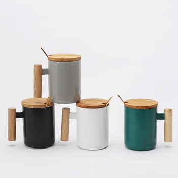 

Mug Simple Nordic Style Mug Creative Literary Drinking Cup Coffee Cup Wooden Handle Ceramic Cup Covered Spoon Set Coffee Mug