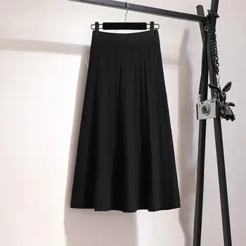 

Winter Elegant Midi Knitted Skirt Casual Women Solid High Waist Pleated Skirt Female Sweater A-Line Skirts