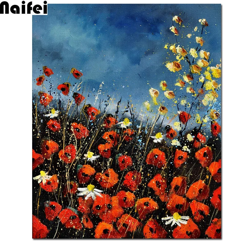 Алмазная картина с красным маком самодельная живопись креативное рукоделие