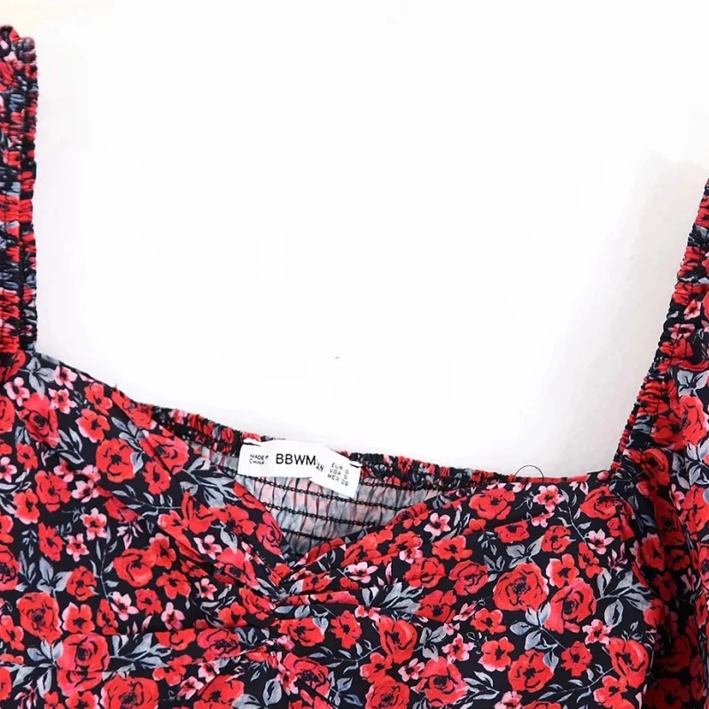 Flower Printingt Square Collar Women Slim Shirt Crop Tops Autumn Leisure Lady Puff Sleeve Blouse S6569