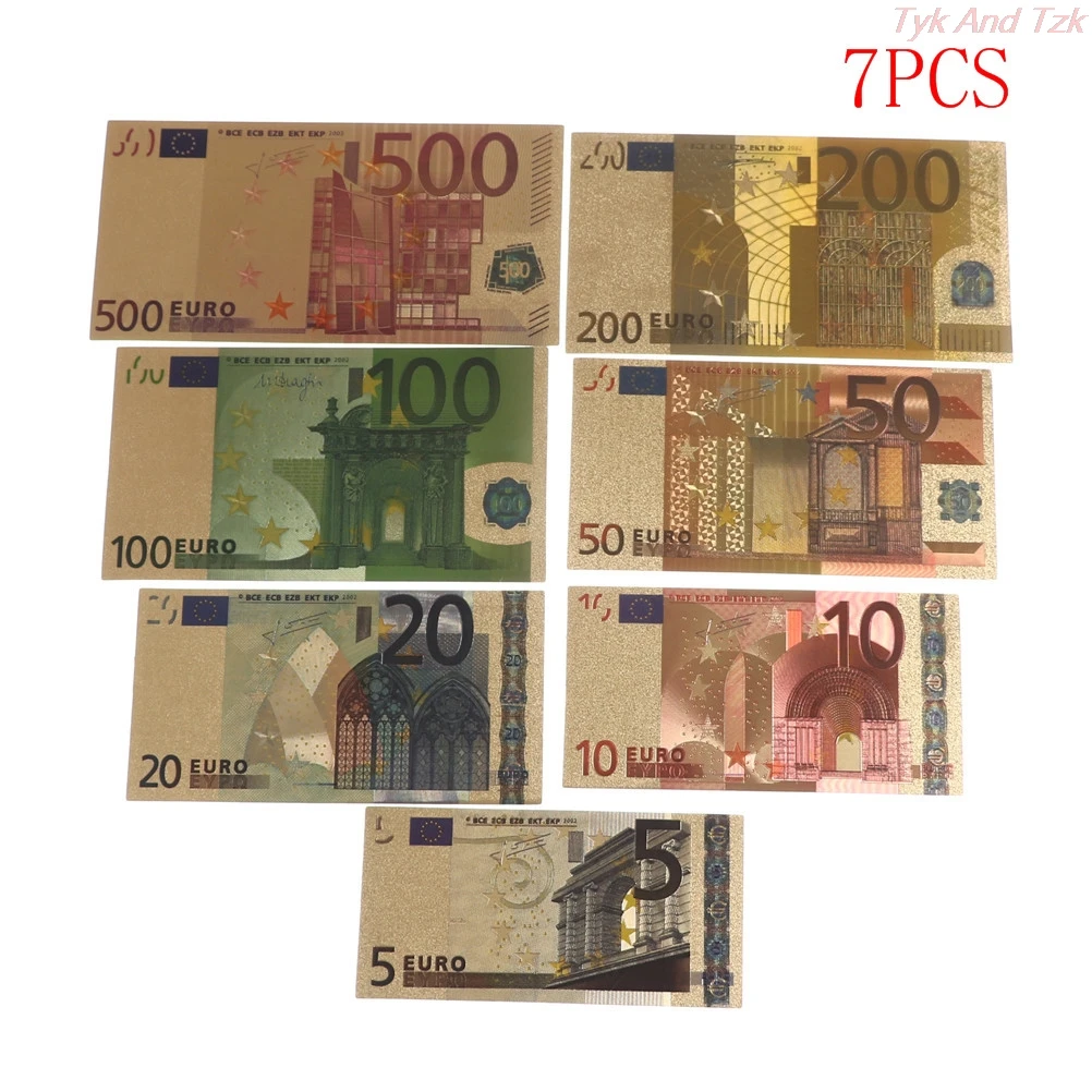 7pcs 24K Gold Plated Euros Fake Money Commemorative Notes Collection Souvenir Antique Decoration 5-500 Dollar | Дом и сад