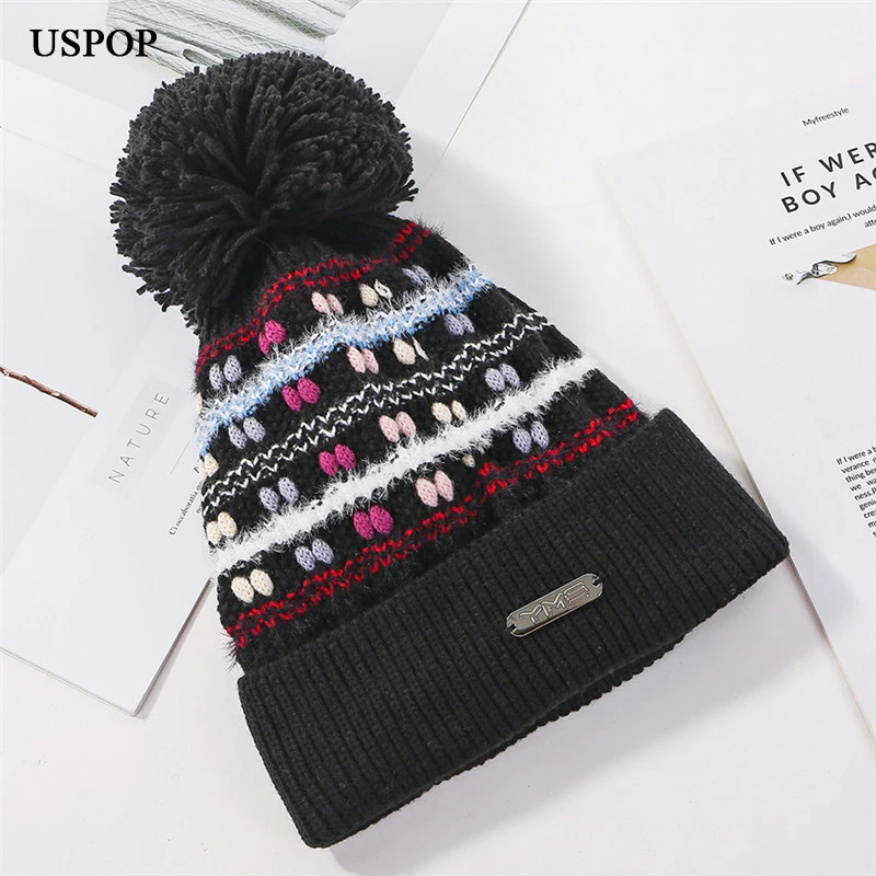 

USPOP 2019 New winter women skullies patchwork knitted hats fashion thick warm hats female pompom beanies