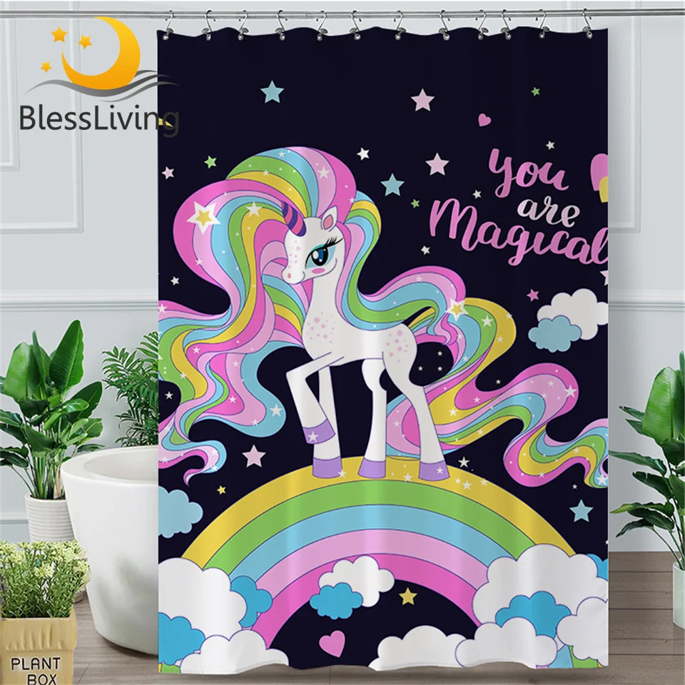 

BlessLiving Magical Unicorn Shower Curtain Rainbow Hair Bath Curtain With Hooks Colorful Cartoon for Kids Moon Star tenda doccia