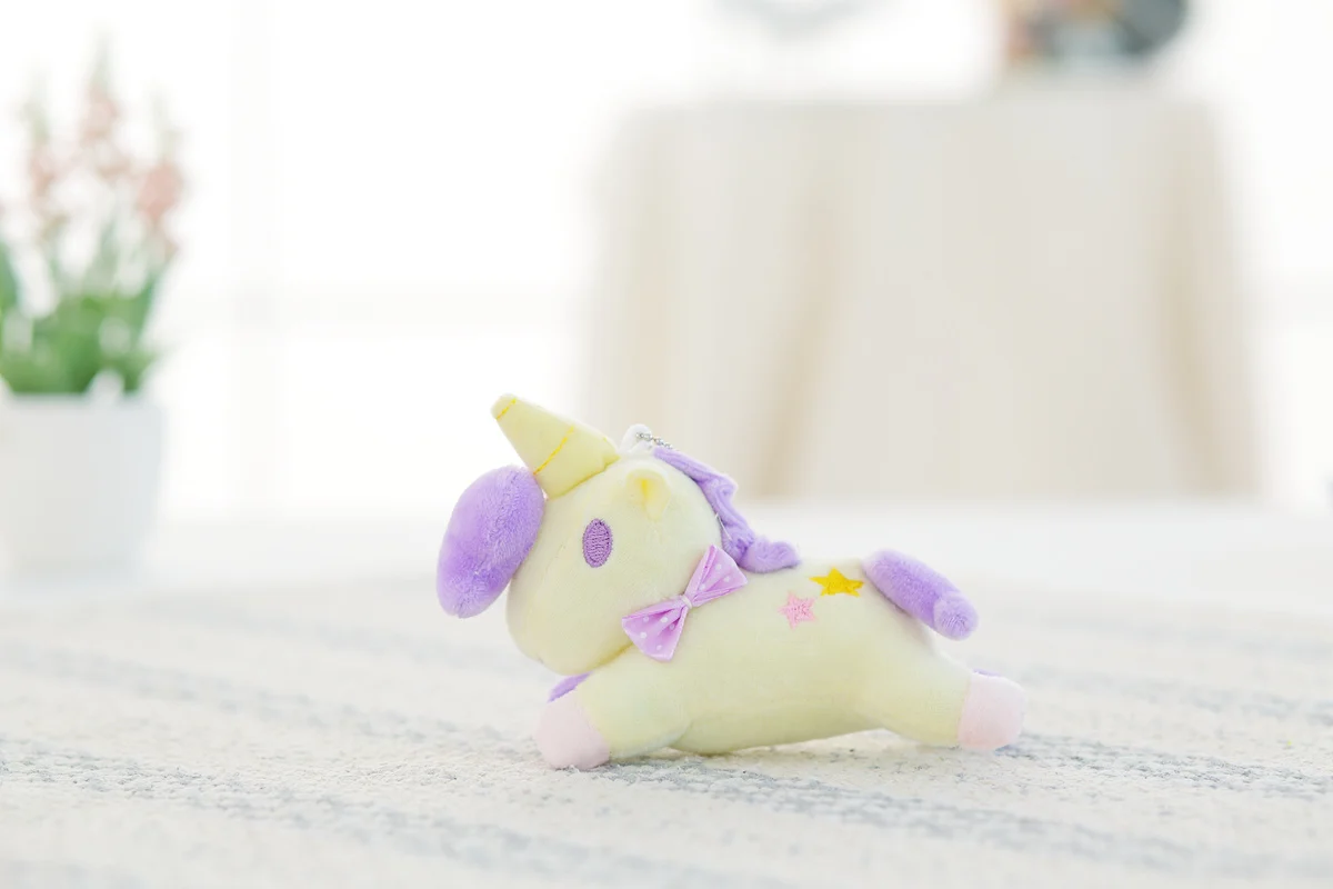 1Pcs Unicorn Plush Toy Keychain Plush with Keychain Cute Stuffed Kawaii Cute Baby Doll Key Chain Cute Pendant Small Baby Kid Toy - Цвет: yellow lie