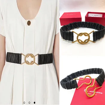 

2019 new women black real leather belts sheepskin elastic golden copper buckle dress Cummerbunds girdles y396