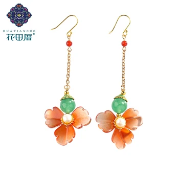 

Orange Glass Petal Ethnic Handmade Pendant Dangle Earring FreshwaterPearl Green J ade Bead Female Accessories EZ18087