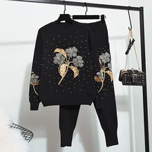 Черный спортивный костюм для женщин, комплект одежды из 2 предметов, осенне-зимний вязаный свитер с вышивкой пайетками и бусинами, топ, длинные штаны, Байкерский комплект
