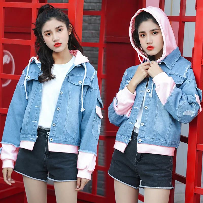 

Mock Two-Piece Hooded Jeans Coat BF Harajuku-Style Cowboy Coat Set